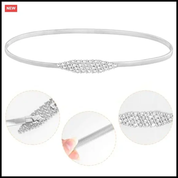 Skinny Metal Waist Belt Rhinestone Stretch Chain Elegant Chic Wedding Accessory - Picture 3 of 7